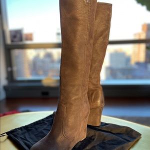 Authentic Prada brown calfskin tall wedge boot